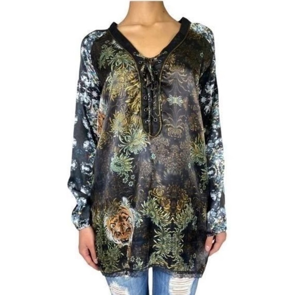 Custo Barcelona Tiger and floral print 100%Silk tunic dress, long sleeve, size S